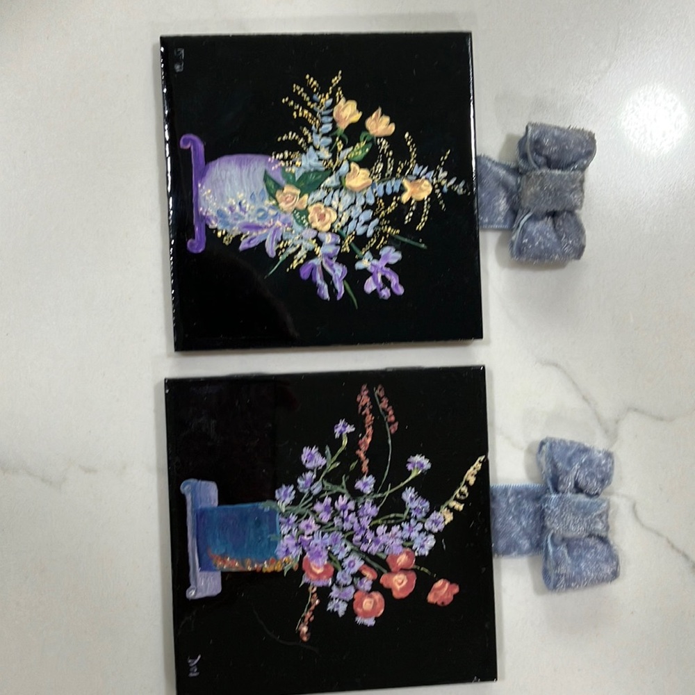 Vintage Floral Hand Painted Tile Wall Art with Handmade Blue Velvet Bows Signed